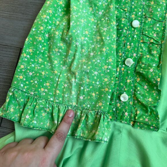 Vintage Handmade Green Floral Ruffle Bodice Mock Neck Midi Prairie Dress Size M - Picture 6 of 8